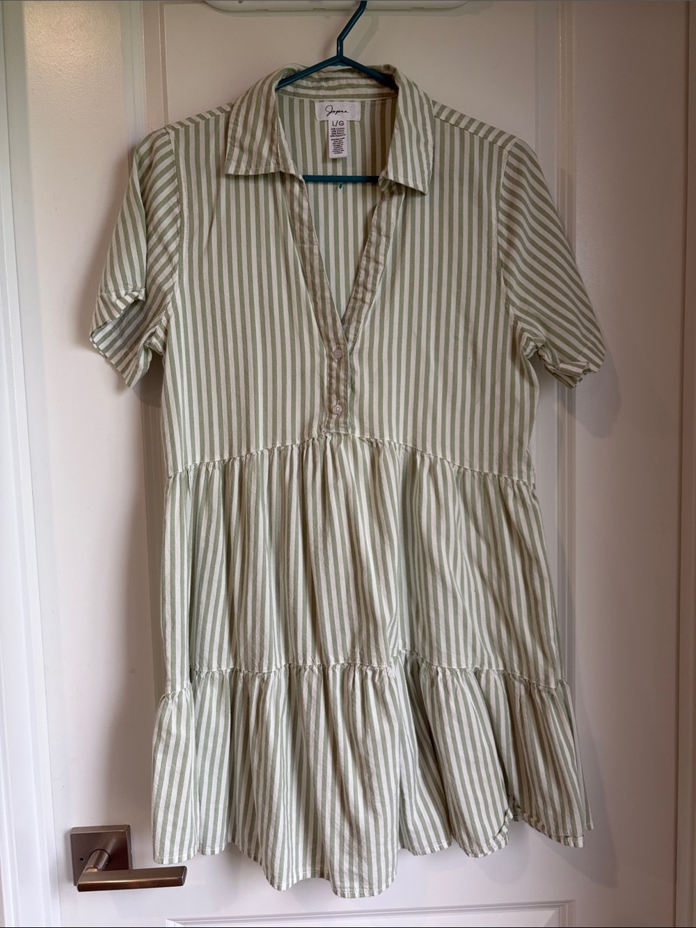 Striped Sage Tiered Shirt Dress by